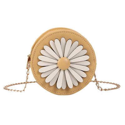 

Flower Decor Shoulder Packs PU Leather Women Round Chain Crossbody Bags
