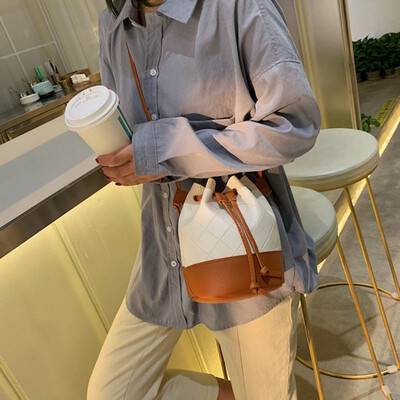

Women Patchwork Leather Shoulder Bags Plaid Drawstring Closure Bucket Crossbody Bags Fashion Girls Travel Daily Handbags