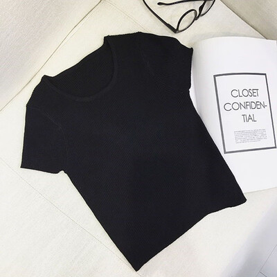 

Summer Women Knitted Short T Shirt Sexy O-neck Short Sleeves Top High Elasticity Solid Color Female Slim Tshirt Korean