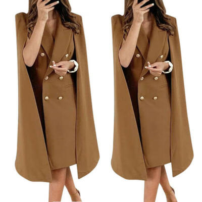 

US Stock Womens Lapel Double Breasted Jacket Slim Fit Mid Long Trench Cloak Coat
