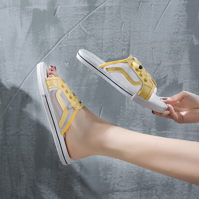 

Sandals women wear 2019 summer new fashion casual gauze student lazy half drag fish mouth slippers ins tide