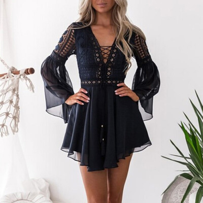 

Women Summer Fashion Sexy All-match Solid Color Deep V-collar Hollow Out Flare Sleeve Dresses