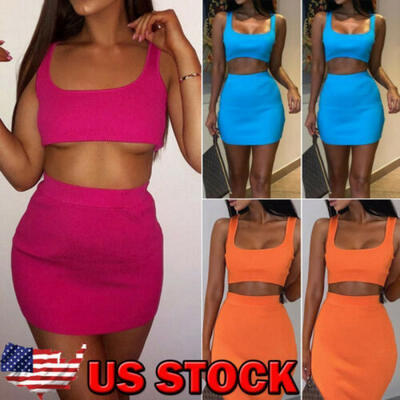 

Women Two-piece Playsuit Bodysuit Romper Set Sleeveless Crop Top Tank Skirt