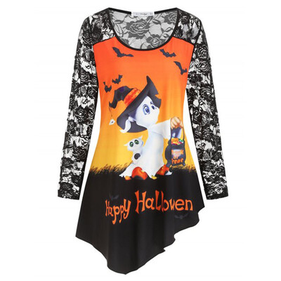 

Tailored Womens Long Sleeve Shirts Pumpkin Print Lace BlousesAsymmetric Halloween Tops