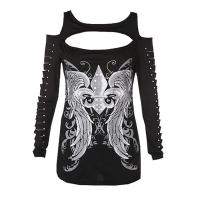 

Female T-shirt Sexy Prints Strapless Hollow Long Sleeves T-shirt Casual Street Punk Style T-shirts For Women 9176