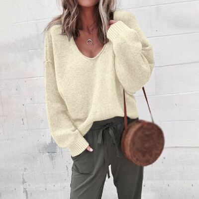 

Women Fashion Loose Casual Solid Solor Pullover Sweater Tops V-neck Long Sleeve