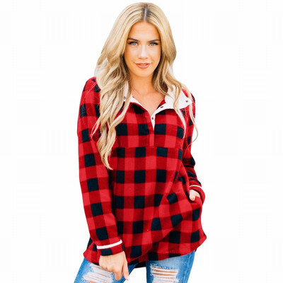 

Plaid womens sweatshirt lapel long-sleeved warm sweatshirt shirt womens