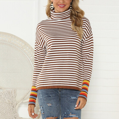 

〖Follure〗Women Turtleneck Pullover long Sleeve Stripe Patchwork Knitted Sweater Tops
