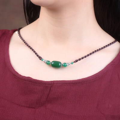 

National wind clavicle necklace short green agate necklace 925 silver necklace fashion accessories