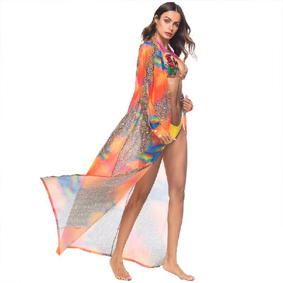 

Fashion Women Leopard Print Chiffon Cardigan Bikini Cover Up Long Sleeve Beach Boho Outwear Maxi Coverups