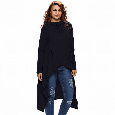 

Gray plain zipper long sleeve loose front short long hooded top