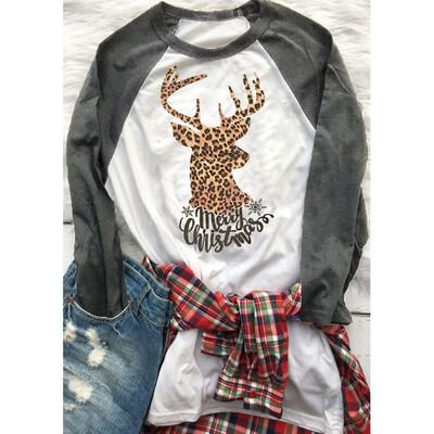 

Tailored Women Casual Merry Christmas Elk Letter Print Splice Long Sleeve Top T-Shirt