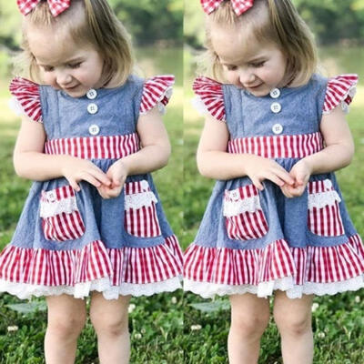 

Toddler Baby Girls Fashion Lace Stitching Lattice DressHeadband Party Pageant Dresses