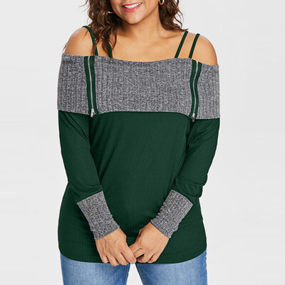 

Roseonmyhand Women Plus Size Long Sleeve Patchwork Off Shoulder Strapless Suspenders Top