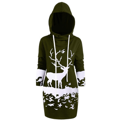 

Gobestart Womens Christmas Monochrome Reindeer Printed Hooded Drawstring Mini Dress