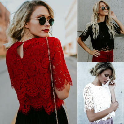 

Fashion Women Loose Short Sleeve Tops Blouse Shirt Casual Lace Tops T-Shirt