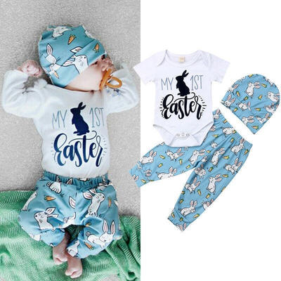 

2019 My 1st Easter Newborn Baby Boy Girl Short Sleeve Romper Leggings Hat 3PCS Cotton Clothes 0-18M