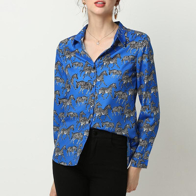 

Women Long Sleeves Shirts Animal Zebra Print Turn Down Collar Buttons Work Holiday Vintage Blouse Casual Tops