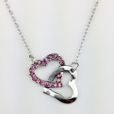 

Women Fashion 925 Sterling Silver Austria Pink Crystal Suit Double Heart Pendant Necklace Jewelry Gifts
