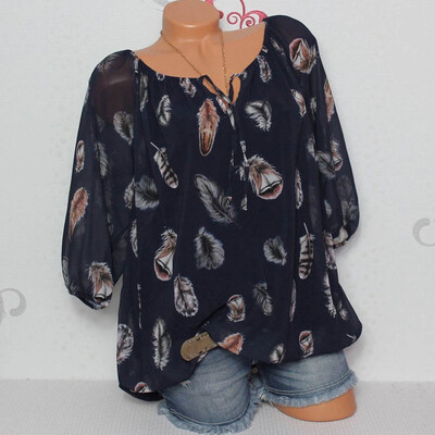 

Nomeni Women Plus Size Half Sleeve Feather Print V-neck Blouse Pullover Tops Shirt