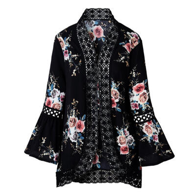 

Retro Floral Print Patchwork Casual Cardigan Cover Up Blouse Women Tops