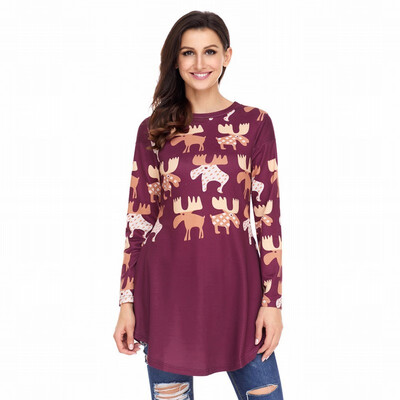 

Round neck long sleeve geometric snowflake reindeer side pocket casual shirt tops womens
