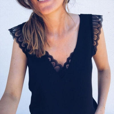 

Canis Women Lace Sleeveless Summer Vest Sexy Shirt Blouse Black Casual Tank CA