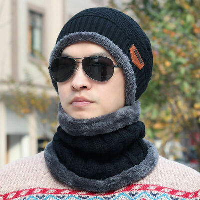 

Men Women Winter Warm Crochet Knit Baggy Beanie Wool Skull Hat Ski Cap Scarf Set
