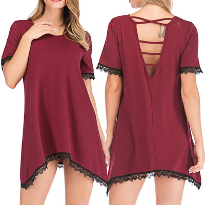 

Nomeni Womens Loose Round Lace Hem Irregular Tops Casual Short Sleeve Blouse T-Shirts