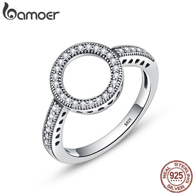 

BAMOER 100 Genuine 925 Sterling Silver Forever Clear Black CZ Circle Round Finger Rings for Women Jewelry Christmas Gift SCR041