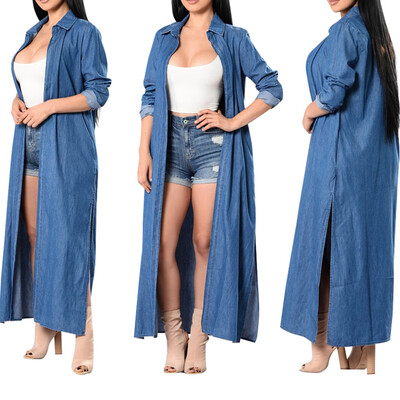 

〖Follure〗Womens Long Sleeve Long Pattern Sexy Fashion Denim Trench Cardigan Cape Coat
