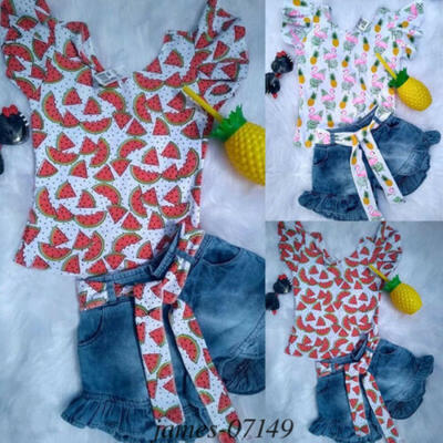 

USA Toddler Kids Baby Girls Floral Tops T-shirt Denim Pants Shorts Outfits Set