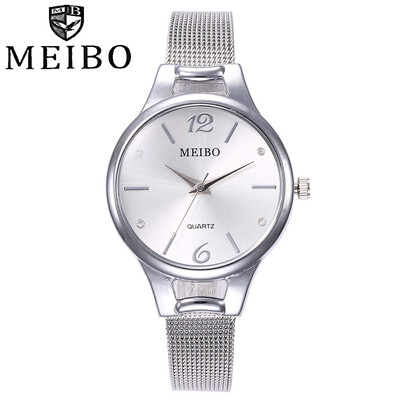 

MEIBO Women Fashion Silver Mesh Roma Dial Quartz Watches Casual Ladies Stainless Steel Watches Gift Clock Relogio Feminino 533