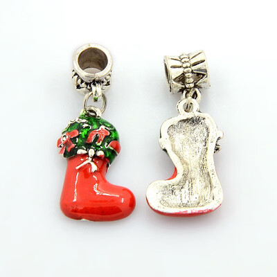 

Antique Silver Tone Alloy Enamel European Dangle Beads Christmas Sock European Pendants Large Hole Pendants Red 32mm