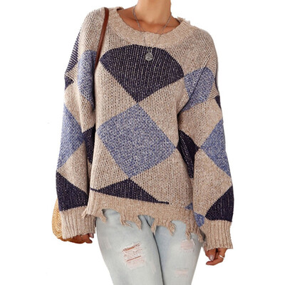 

2019 Autumn Winter Fashion Women Geometric patterns O-neck Long sleeves Casual Loose Knitted sweaters