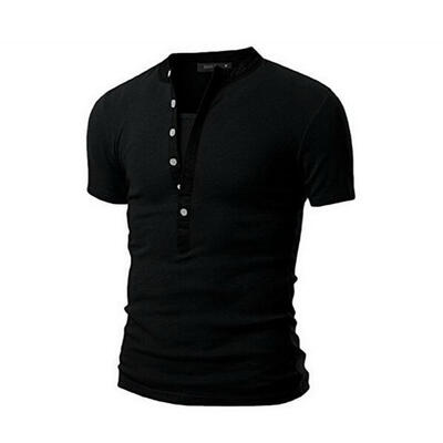 

Fashion Breathable Slim Elastic Splicing Multi-Button Round Neck Short Sleeve Mens T-Shirt Tee Top
