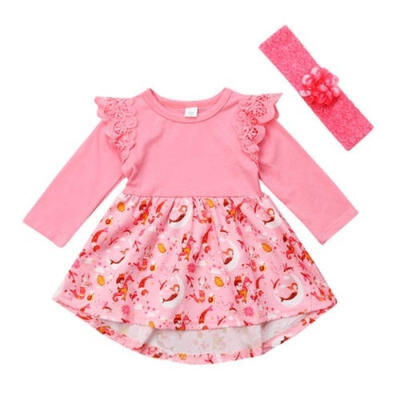 

Infant Toddler Baby Girls Long Sleeve Lace Cartoon Casual Dress Sundress Clothes