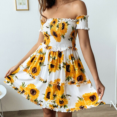 

Summer Womens Floral Chiffon Ruffled short-sleeved halter Sundress Beach Dress