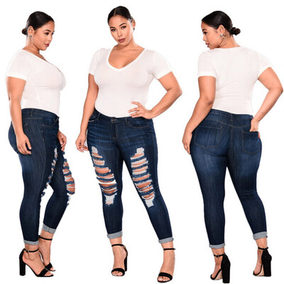 

〖Follure〗Women Plus Size Ripped Stretch Slim Denim Skinny Jeans Pants High Waist Trousers
