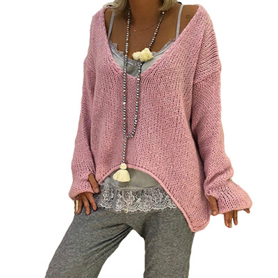 

Plus Size Loose Women Solid Color V Neck Long Sleeve Sweater Irregular Jumper