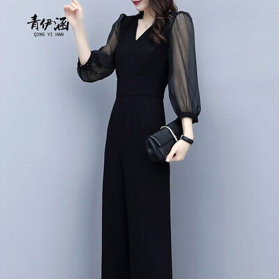 

Chiffon high waist V-neck seven-point wide leg one-piece trouser suit