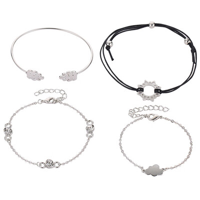 

Individual Exquisite Crystal Leaves Cloud Sun Leather Chain Multilayer Bracelet For Women Girl Creative Gold Silver Bracelet Set