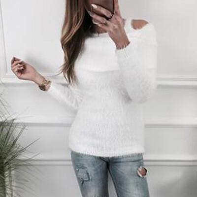 

〖Follure〗Women Solid Fluffy Sweater Jumper Cold Shoulder Long Sleeve Pullover Tops Blouse