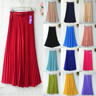 

Women Pleated Retro Long Skirt Elastic WaistBand Belt Chiffon Dance Full Skirt