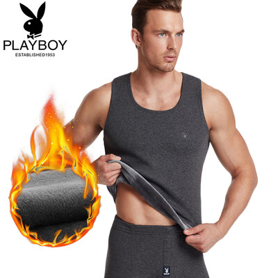 

Playboy warm vest men thickening plus velvet bottoming round neck autumn&winter coat youth middle&old aged cotton vest men deep gray XXXL