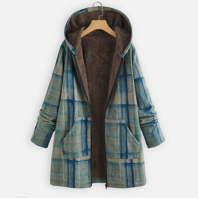 

Gobestart Fashion Women Winter Autumn Hooded Vintage Ethnic Plaid Print Zipper Fleece Coat