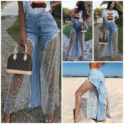 

US Womens Denim Jeans Destroyed Split Joint Lace Tulle High Waist Pants Trousers