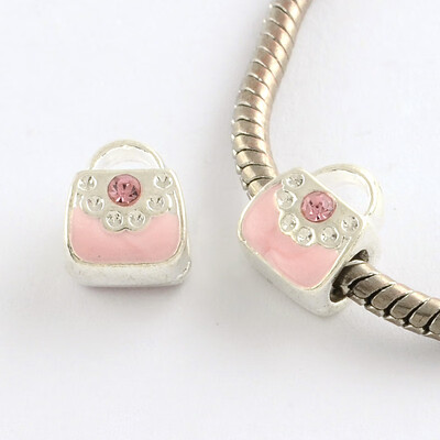 

Alloy Rhinestone Enamel Style Bag Large Hole Beads Silver Pink 11x9x8mm Hole 45mm