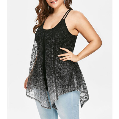 

Roseonmyhand Plus Size Women Perspective Gradient Mesh Tank Up Sleeveless Camis O-Neck Blouse