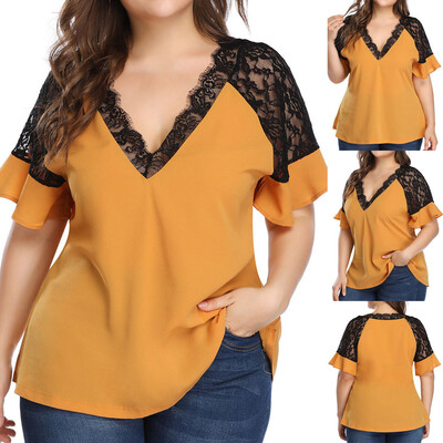 

Starmoon Fashion Women Casual Chiffon V-Neck Lace Patchwork T-shirt Short Sleeve Tops